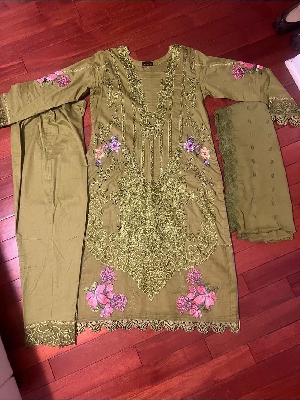 Olive Green Embroidered womens Dress with Pink Floral Accents